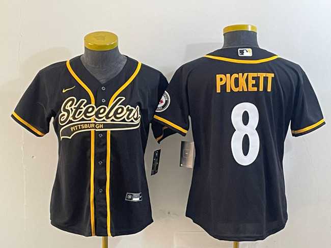 Womens Pittsburgh Steelers #8 Kenny Pickett Black With Patch Cool Base Stitched Baseball Jersey Dzhi